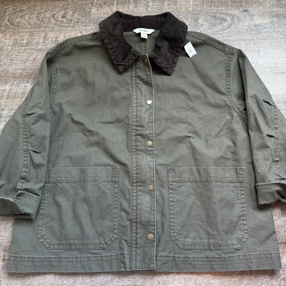 Old Navy Canvas Barn Jacket XL Petite Relaxed Olive Green Corduroy Collar NEW - Picture 2 of 9